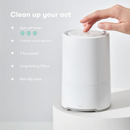 3-In-1 Baby Air Purifier for Allergy Relief, Sound Machine for Sleeping + Nightlight, HEPA Filter Purifier for Bedroom with 3 Fan Speeds, Easy-Change Filter, Auto-Off Timer