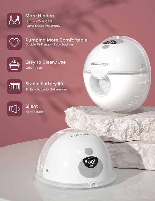 M5 Hands-Free Wearable Breast Pump, Double-Sealed Flange for Baby-Like Comfort, 3 Modes & 9 Suction Levels, Portable Electric Pump – 24Mm, 2-Pack, Gray