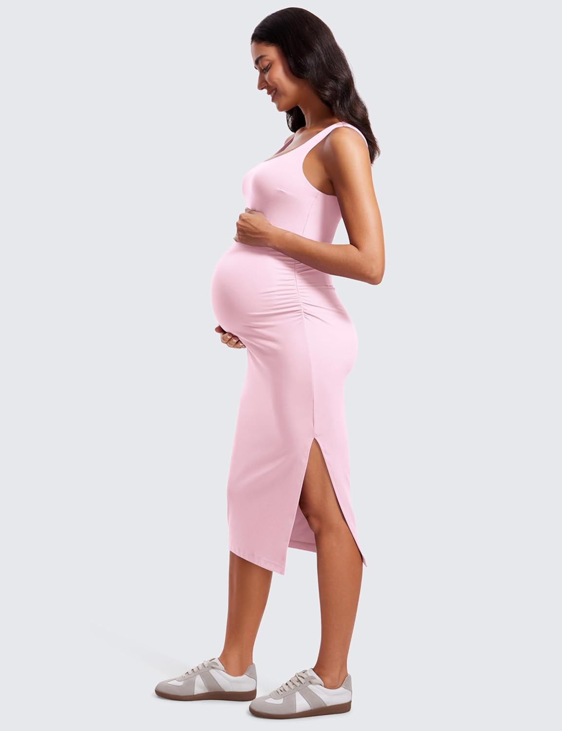 Women Butterluxe Sleeveless Tank Maternity Dress Split Ruched Pregnancy Square Neck Bodycon Casual Baby Shower