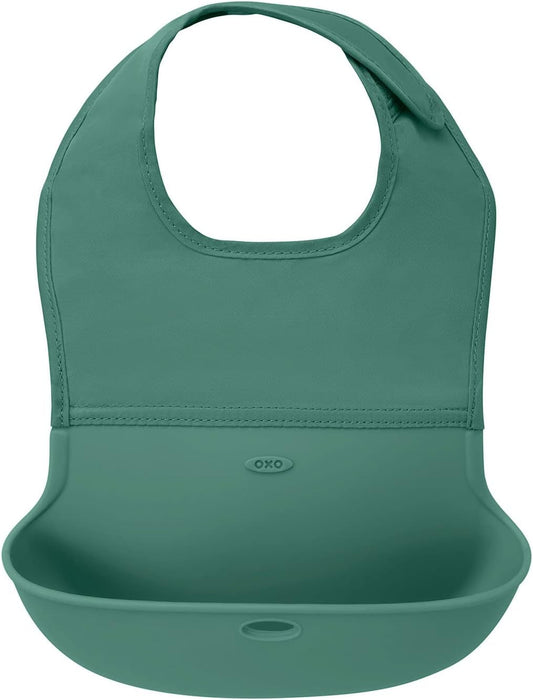 - Roll-Up Bib - Comfortable Soft Waterproof Lightweight Silicone Baby Bib and Toddler - Fabric Rolls up into Pocket for Travel and Storage - Sage
