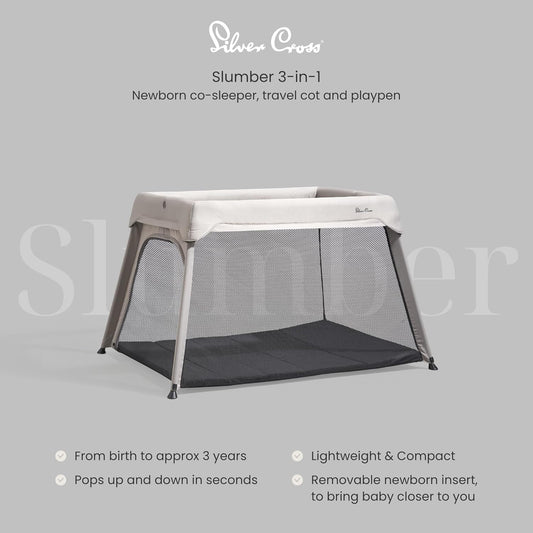 Slumber 3-In-1 Travel Crib - Multi-Use, Converts from Bassinet to Crib to Playard - Portable, Lightweight, Easy to Pack with Comfortable Mattress, for Infants to Toddlers, Stone