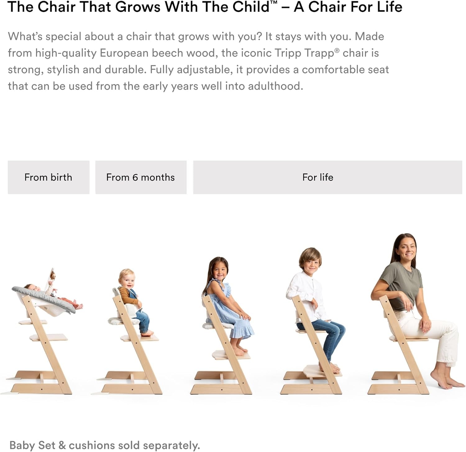 Tripp Trapp Chair from  (Natural) + Tripp Trapp Newborn Set (Grey) - Cozy, Safe & Simple to Use - for Newborns up to 20 Lbs