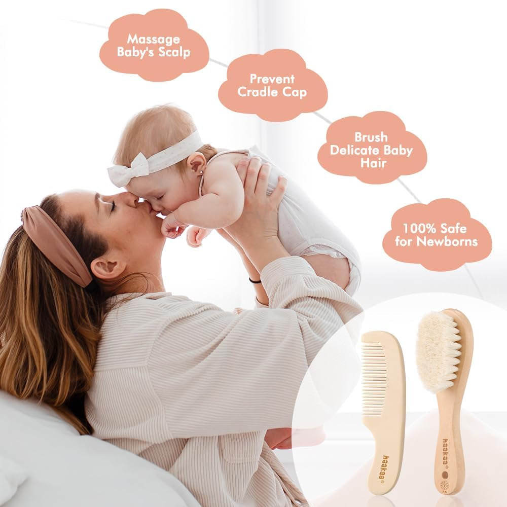 Baby Hair Brush and Comb Set & Pear-Fect Manicure Kit for Newborns & Toddlers, Natural Soft Goat Bristles and Wooden Handle, Baby Healthcare and Grooming Kit, Baby Nail Clippers, Pearl White