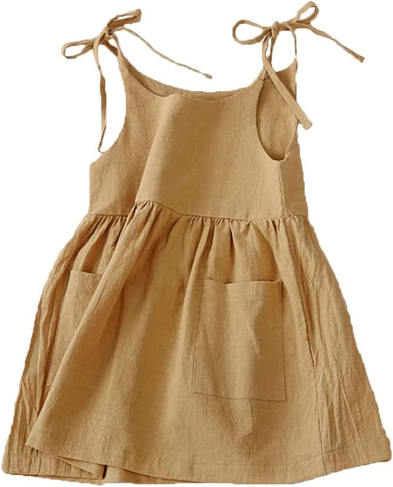 Toddler Girl Cotton Linen Solid Dress Sling Summer Casual Beach Girls Sundress with Pockets Overall Dress
