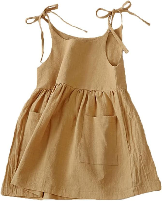 Toddler Girl Cotton Linen Solid Dress Sling Summer Casual Beach Girls Sundress with Pockets Overall Dress