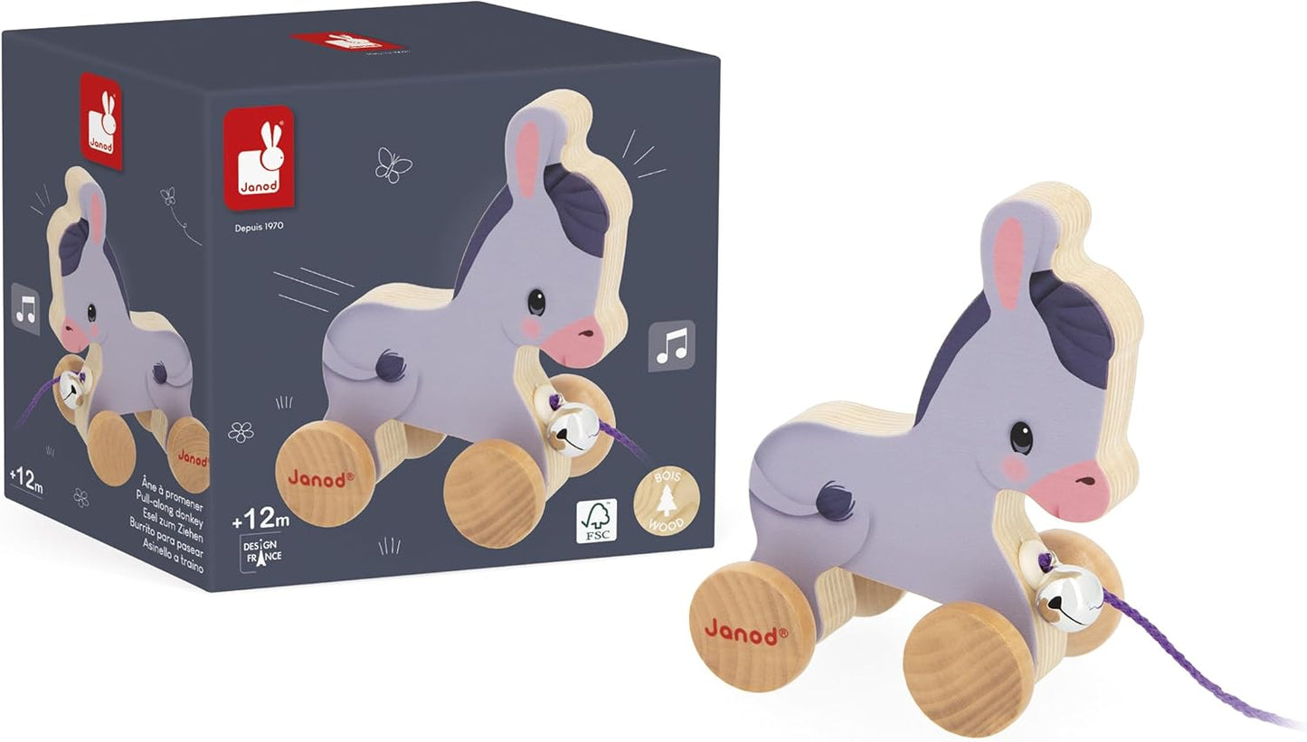 Wooden Donkey with Bell Learning Toy for Pulling and Pushing Motor Skills and Imagination 50 Cm Cord for Small Hands Fsc-Certified from 12 Months J03323