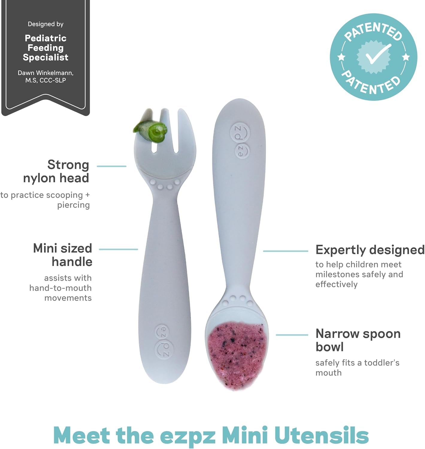 Mini Utensils (Fork & Spoon) - 100% BPA Free Fork and Spoon for Toddlers First Foods + Self-Feeding - Designed by a Pediatric Feeding Specialist - 12 Months+ (Pewter)