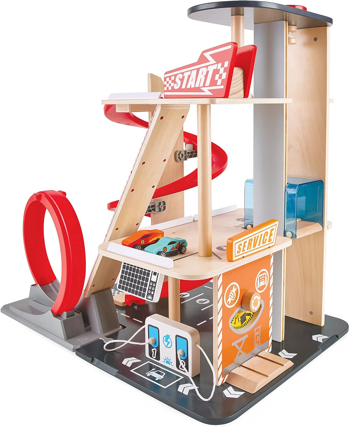 Gearhead Stunt Garage Kids Wooden Toy Car Parking Garage Playset W/ Elevator and 2 Exit Tracks, Detachable Loop, Includes 2 Wooden Toy Racecars