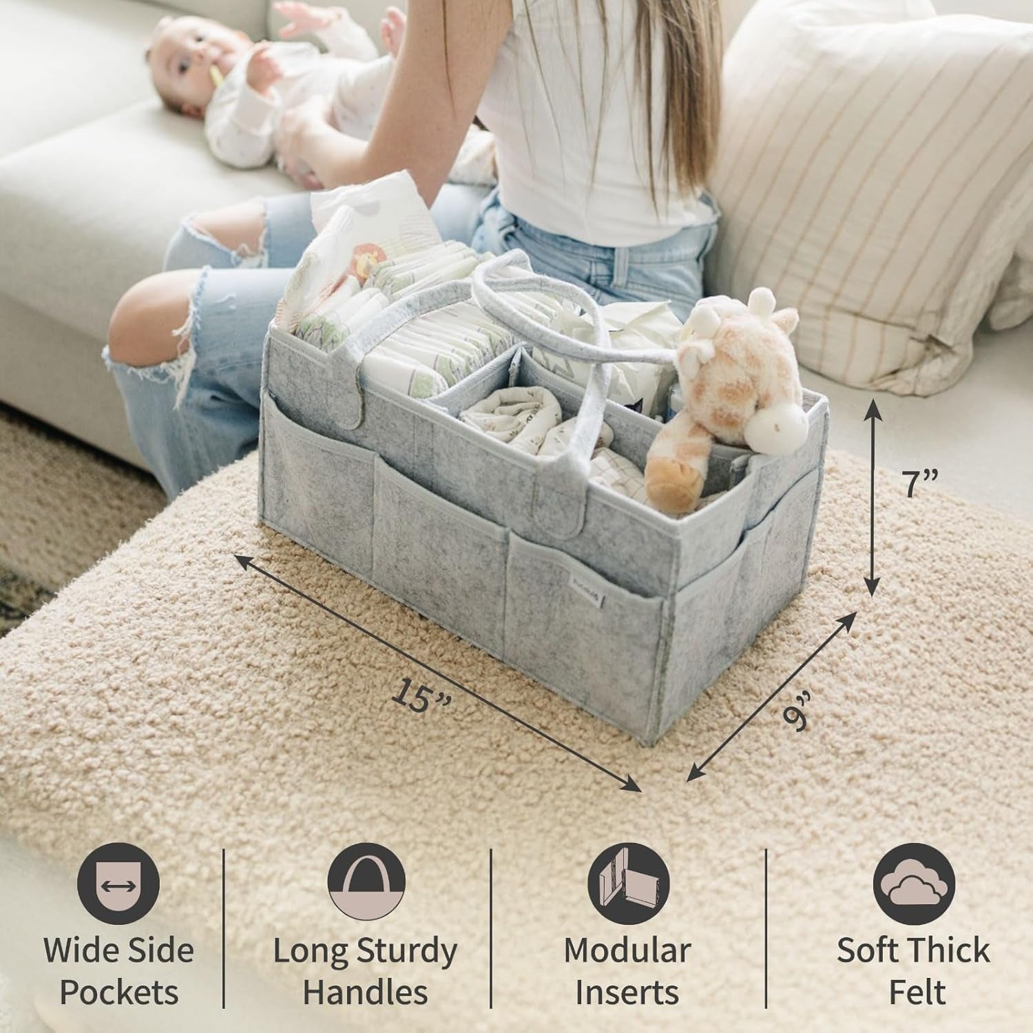 Nursery Storage Basket - Baby Diaper Caddy Organizer for Diaper Station, Newborn Essentials, Baby Shower Gifts and Registry Must-Haves for Boy or Girl