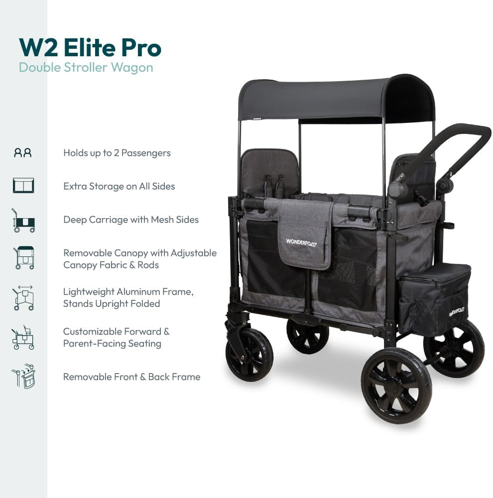 W2 Elite Pro Stroller Wagon (2 Seater) - Collapsible Wagon Stroller with Seats with 5-Point Harnesses, Adjustable Push Handle, and Adjustable Sun Canopy, Charcoal Gray