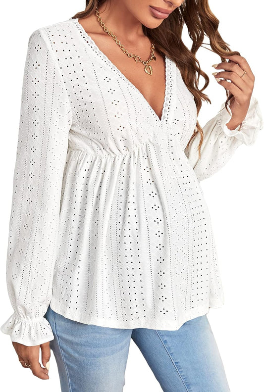 Women'S Maternity Eyelet Embroidery Peplum Tee Flounce Sleeve V Neck Ruffle Hem Shirt Top
