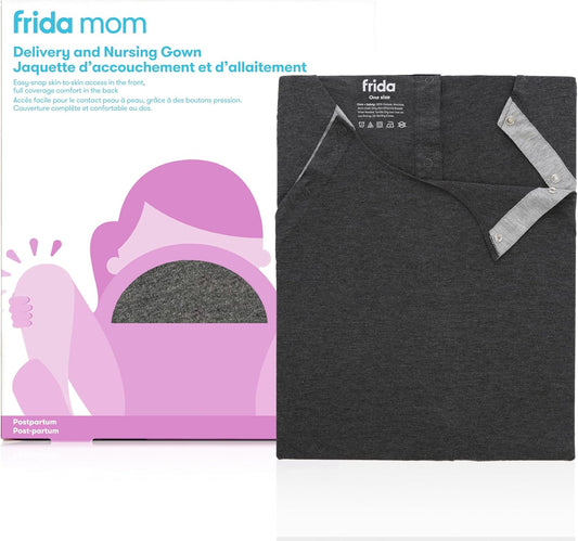 Frida Mom Labor and Delivery Gown for Hospital, Easy-Snap, Tagless Nursing Gown with Skin-To-Skin Access and Full Coverage in the Back