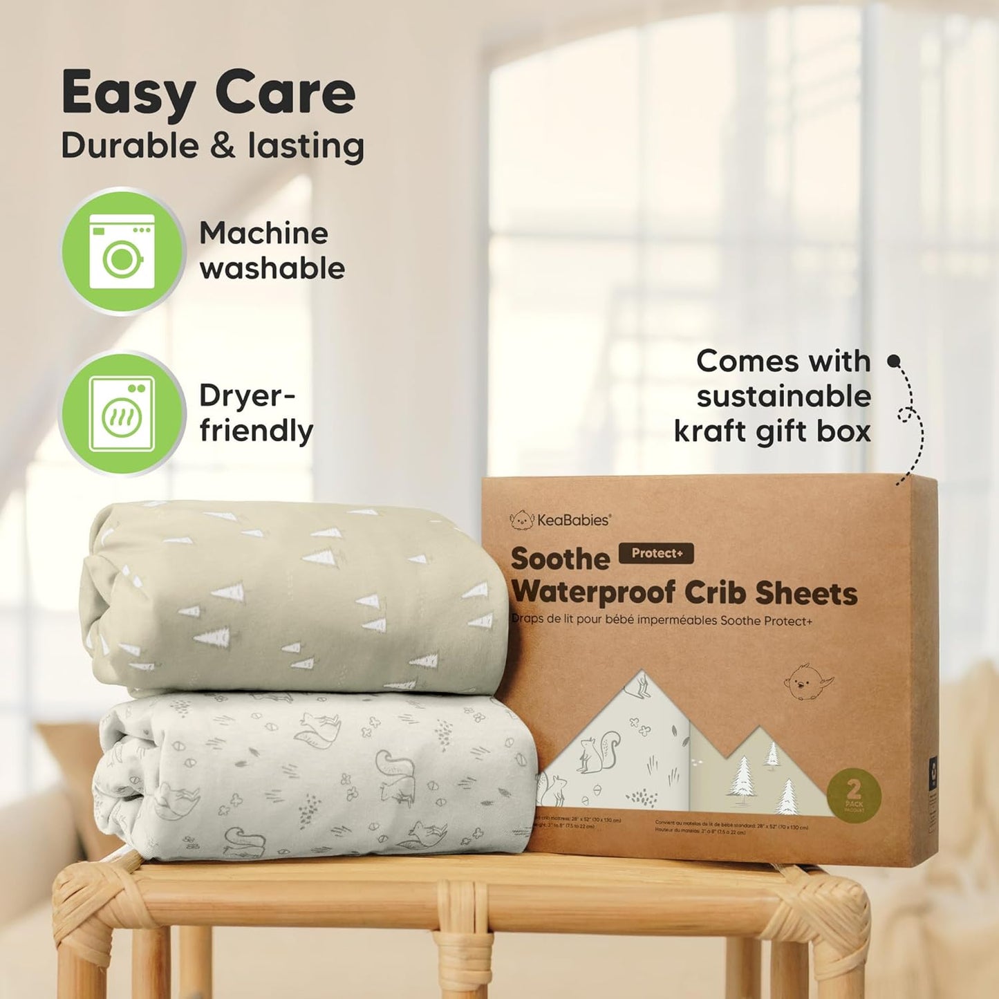 2-Pack Waterproof Crib Sheets for Girl, Boy - Organic Cotton Fitted Crib Sheets Neutral, Crib Mattress Protector Sheets, Soft Toddler Bed Sheets, Washable Infant Fitted Baby Crib Sheets (Pine Grove)