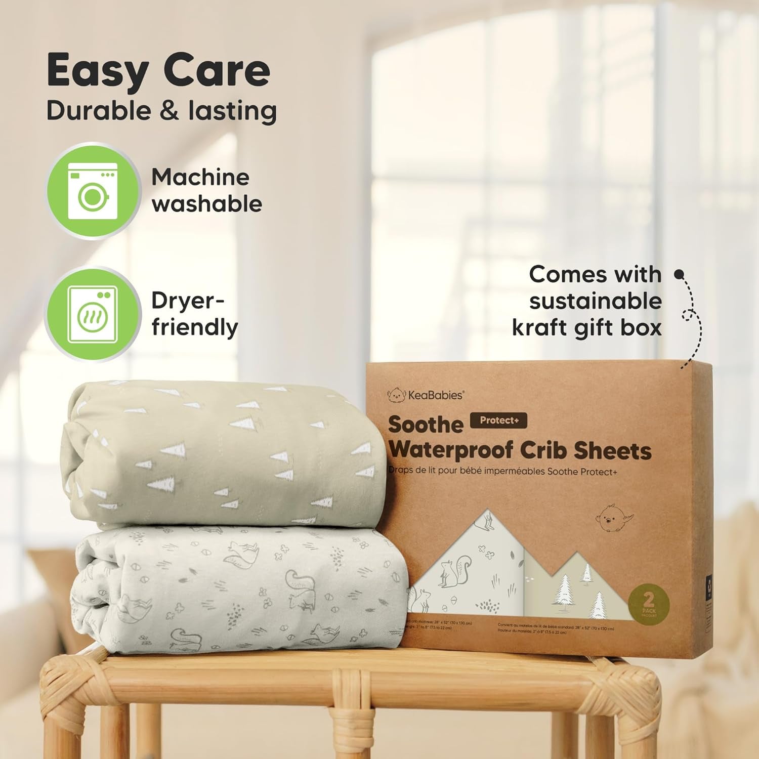 2-Pack Waterproof Crib Sheets for Girl, Boy - Organic Cotton Fitted Crib Sheets Neutral, Crib Mattress Protector Sheets, Soft Toddler Bed Sheets, Washable Infant Fitted Baby Crib Sheets (Pine Grove)