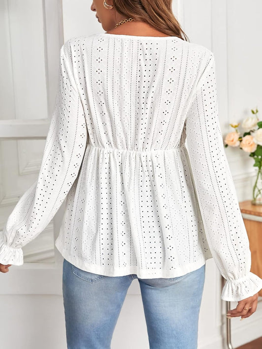 Women'S Maternity Eyelet Embroidery Peplum Tee Flounce Sleeve V Neck Ruffle Hem Shirt Top