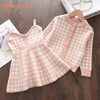 Kids Christmas Sweet Knitwear Suits Girls Baby Plaid Sweaters Coats Suspender Dress Outfits Princess Clothes Sets
