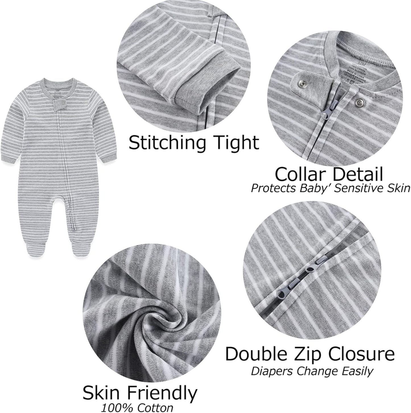 Baby Boy Girls Clothes 2-Way Zip Footed Bodysuit Long Sleeve 3-Pack Outfits 100% Cotton