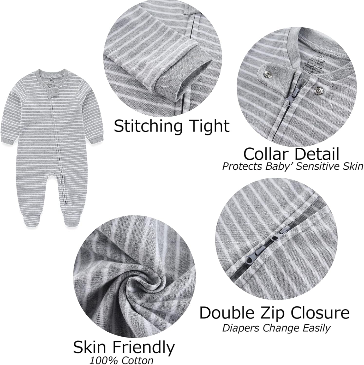 Baby Boy Girls Clothes 2-Way Zip Footed Bodysuit Long Sleeve 3-Pack Outfits 100% Cotton