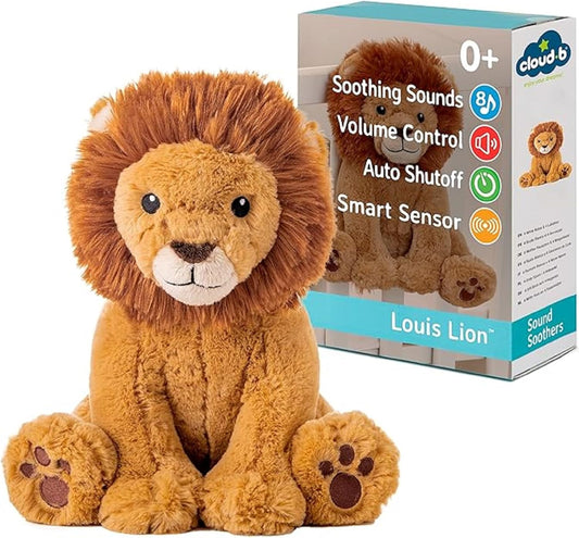 Sound Machine with White Noise Soothing Sounds | Cuddly Stuffed Animal | Adjustable Settings and Auto-Shutoff | Louis Lion Smart Sensor