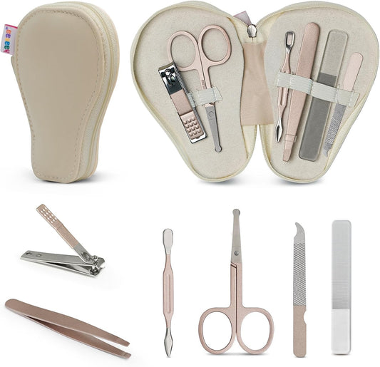 Baby Hair Brush and Comb Set & Pear-Fect Manicure Kit for Newborns & Toddlers, Natural Soft Goat Bristles and Wooden Handle, Baby Healthcare and Grooming Kit, Baby Nail Clippers, Pearl White