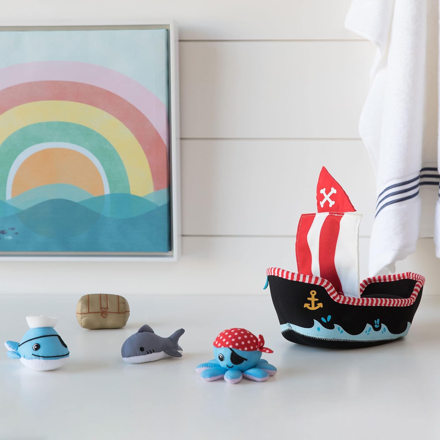 Neoprene Pirate Ship 5 Piece Floating Spill N Fill Bath Toy with Quick Dry Sponges and Squirt Toy