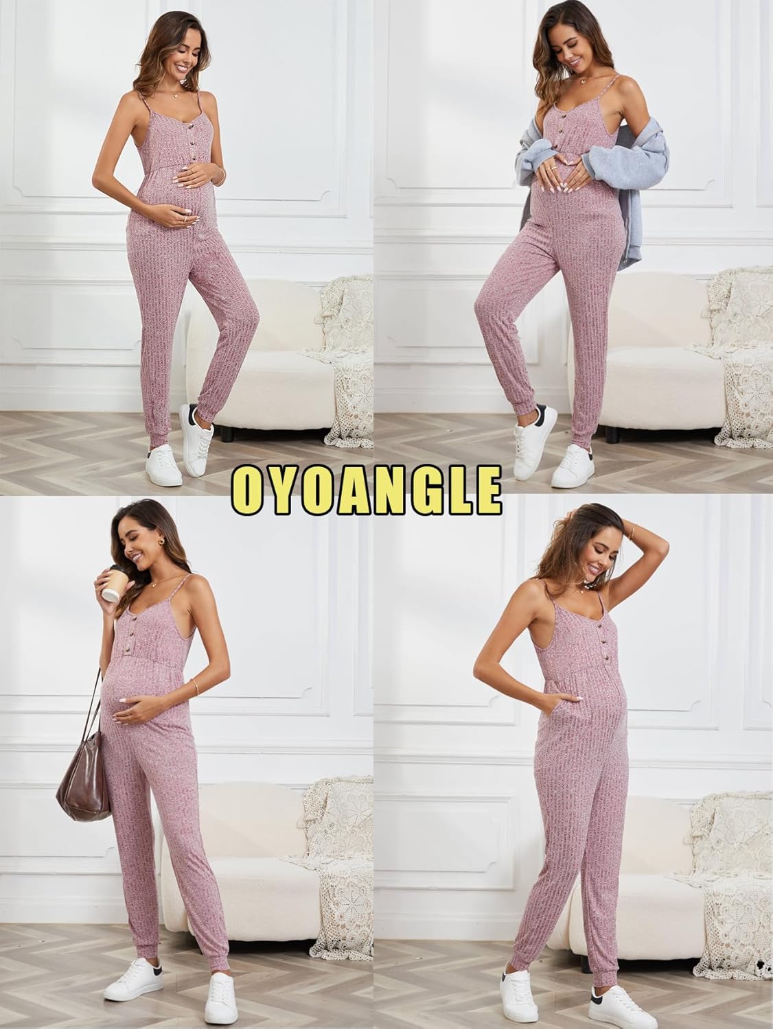 Women'S Maternity Ribbed Knit Cami Jumpsuit Button Spaghetti Strap Pregnancy Romper with Pockets