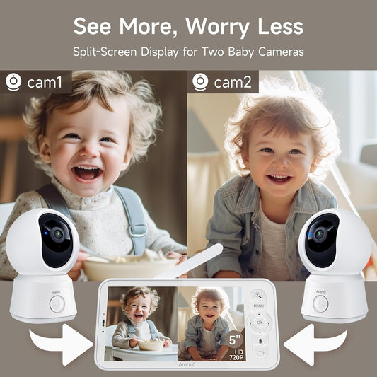 Baby Monitor 2 Cameras, Smart Baby Camera with 5-Inch Wireless Display, Super Night Vision, Temperature Sensor, Sound Detection, Auto Motion Tracking, 2-Way Audio, VOX Mode(B2 Set)