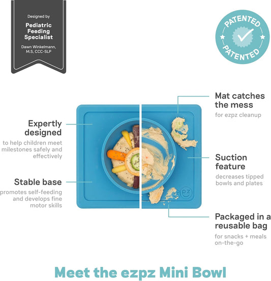 Mini Bowl (Blue) - 100% Silicone Suction Bowl with Built-In Placemat for Infants + Toddlers - Comes with a Reusable Travel Bag