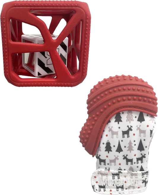 Teething Gift Pack: Munch Mitt and Chew Cube Duo for Babies and Toddlers – Baby Teething Toys for Gum Relief, Sensory Stimulation, Bpa-Free - Red