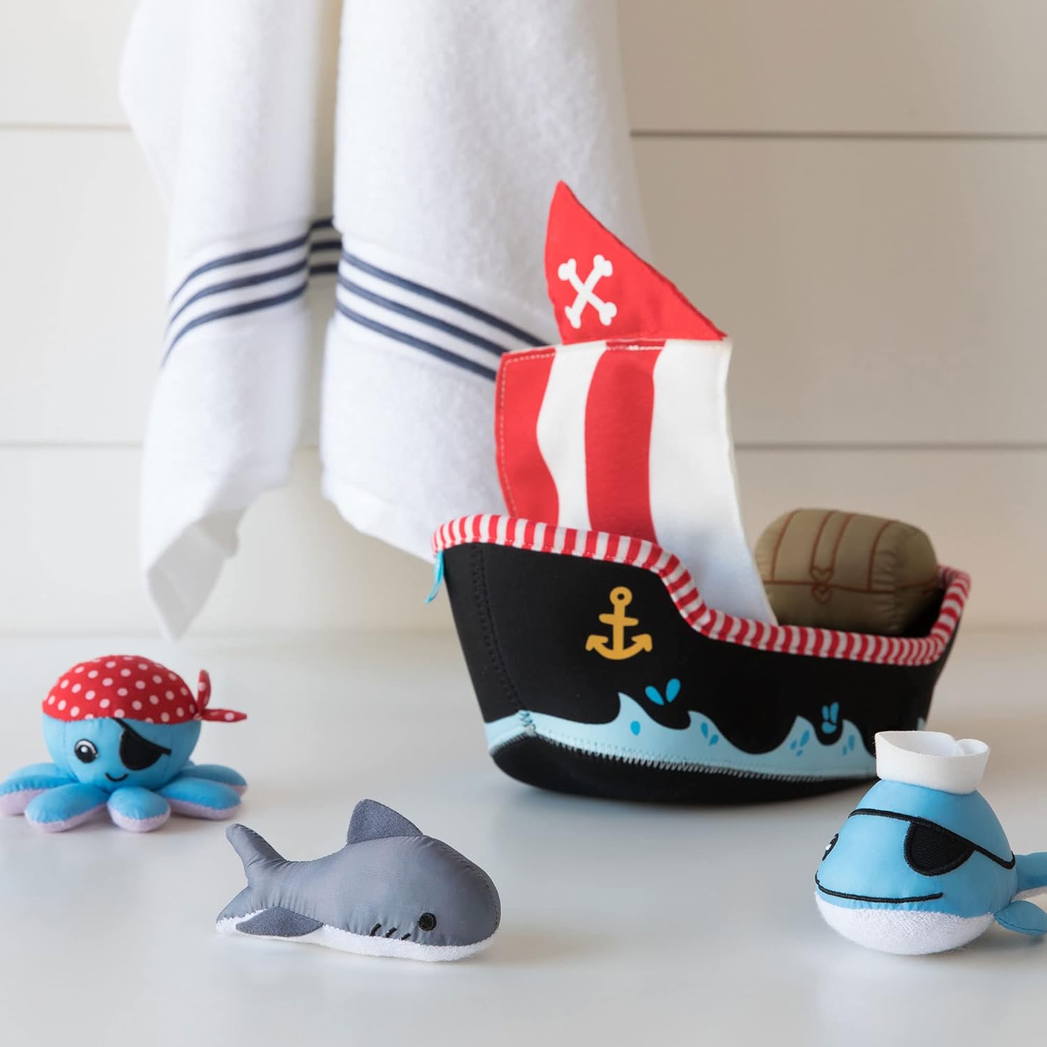 Neoprene Pirate Ship 5 Piece Floating Spill N Fill Bath Toy with Quick Dry Sponges and Squirt Toy