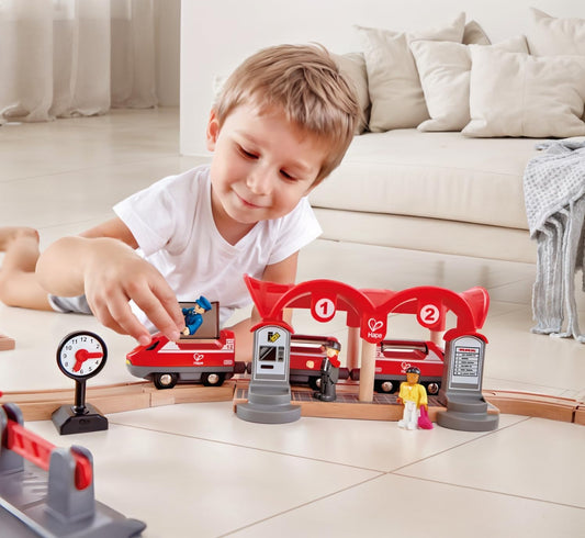 Busy City Train Rail Set | Complete City Themed Wooden Rail Toy Set for Toddlers with Passenger Train, Freight Train, Station, Play Figurines, and More, Multicolor, Model:E3730
