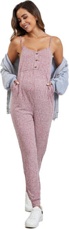 Women'S Maternity Ribbed Knit Cami Jumpsuit Button Spaghetti Strap Pregnancy Romper with Pockets