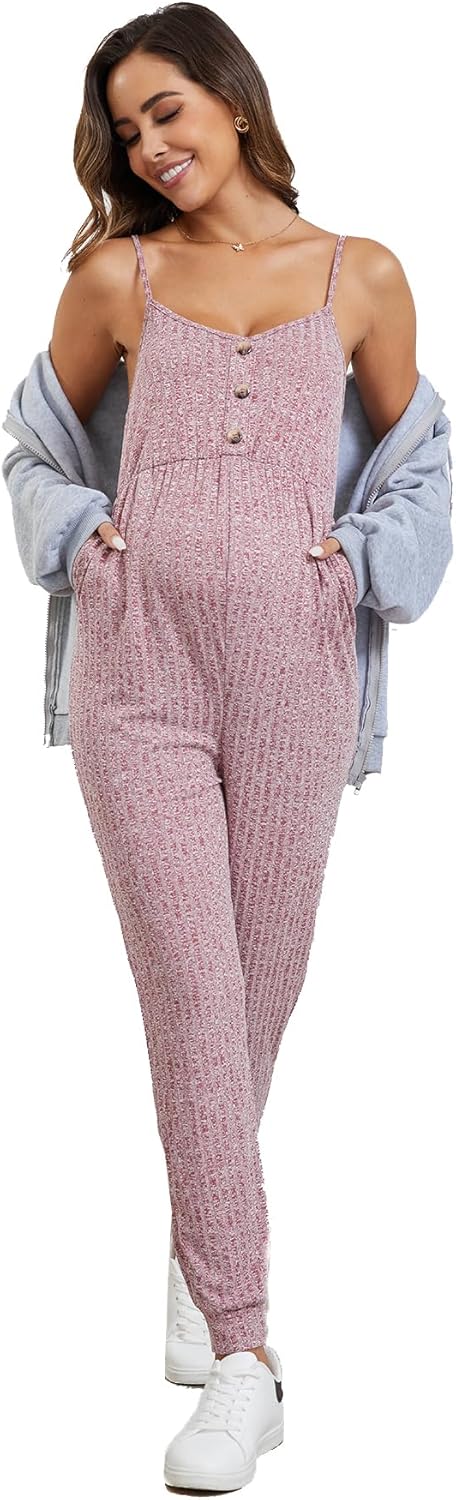 Women'S Maternity Ribbed Knit Cami Jumpsuit Button Spaghetti Strap Pregnancy Romper with Pockets