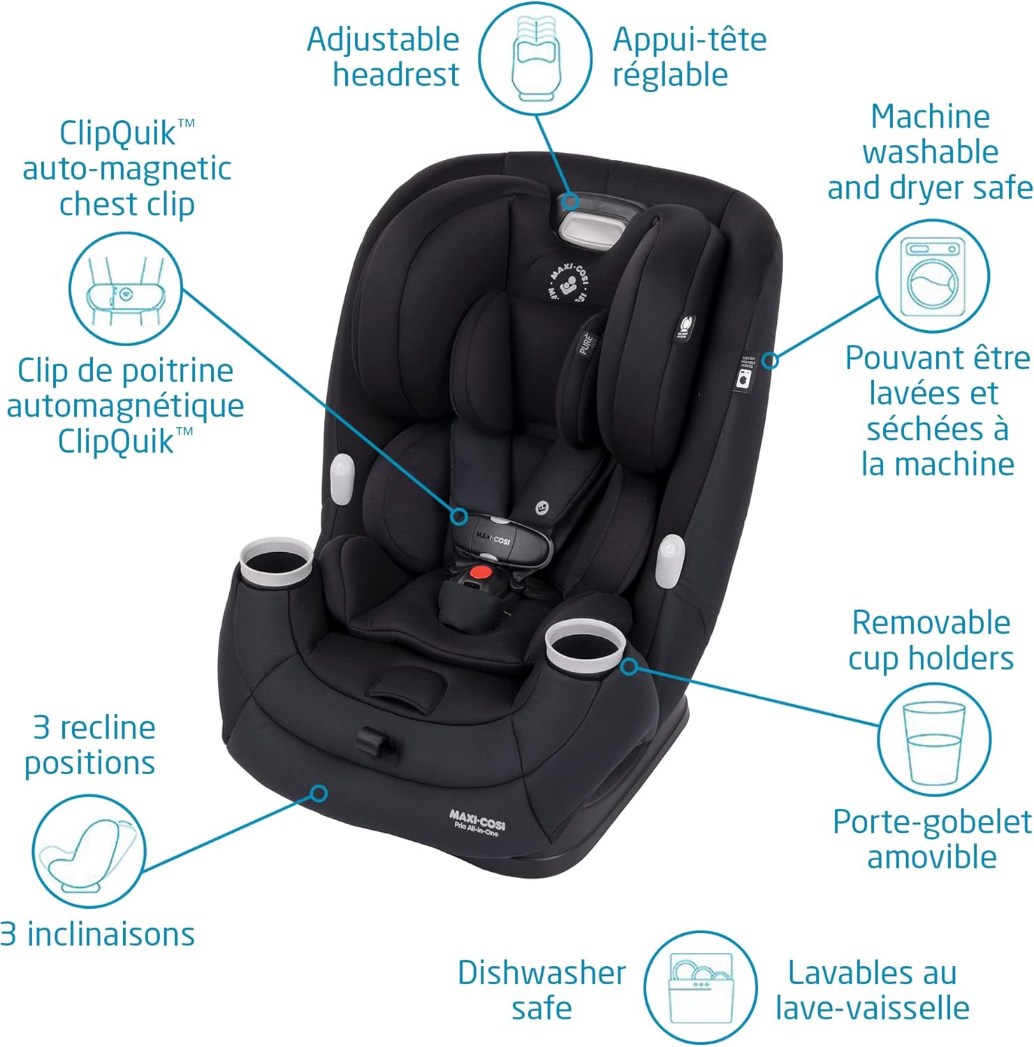 Pria All-In-One Car Seat, 3In1, Convertible from Infant to Toddler, Rear and Forward Facing, Booster Mode, Washable Seat Cover, Authentic Black