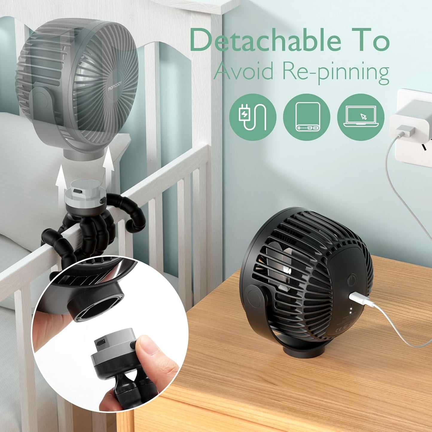 Portable Stroller Fan, 27H Ultra-Long Battery Life, Detachable 4 Speed 360°Rotate, LED Night Light with 2 Modes, USB Rechargeable and Handheld Cooling Fan for Travel, Car Seat