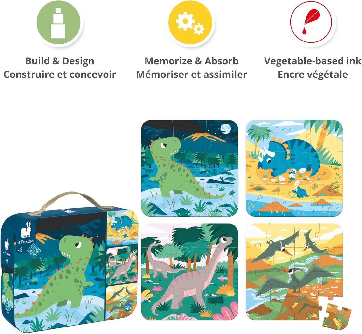 • 4 Progressive Difficulty Dinosaurs Jigsaw Puzzle • 6, 9, 12, 16 Pieces • 20 X 20 Cm Cardboard Puzzle • Educational Toys Gift for Kids Boys and Girls 2-4 Years • J02657