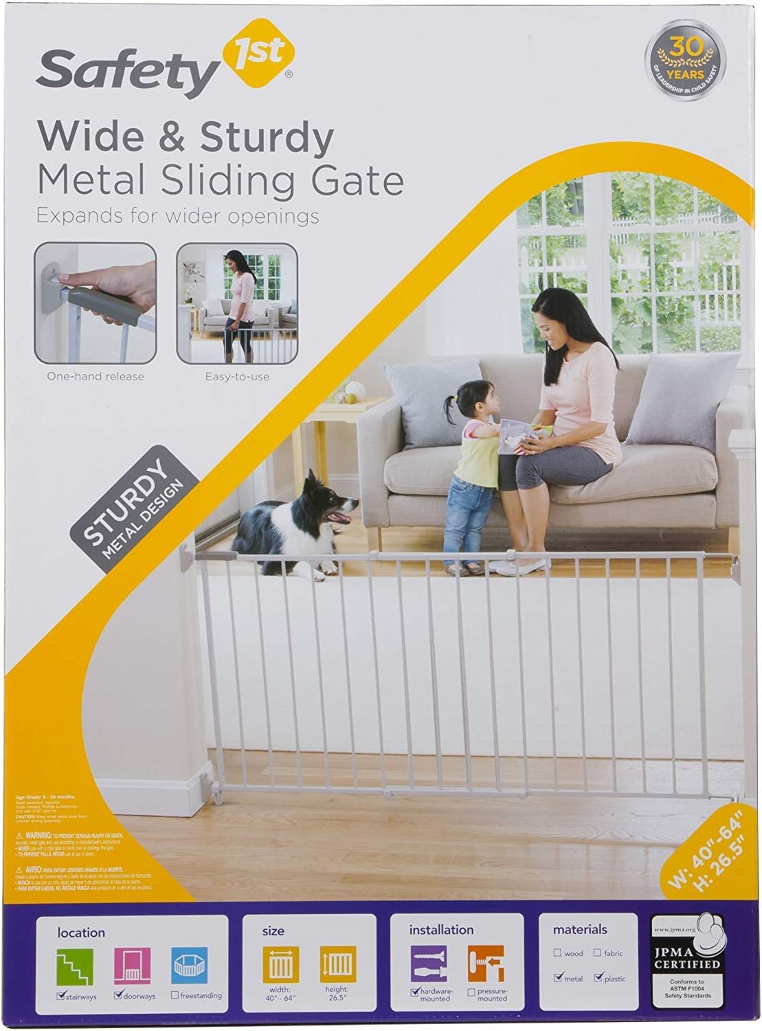 Wide and Sturdy Gate Fits 40-60" Wide, and 26.5" Tall, Hardware Mounted Metal Swing Gate, Perfect for Babies and Pets, White