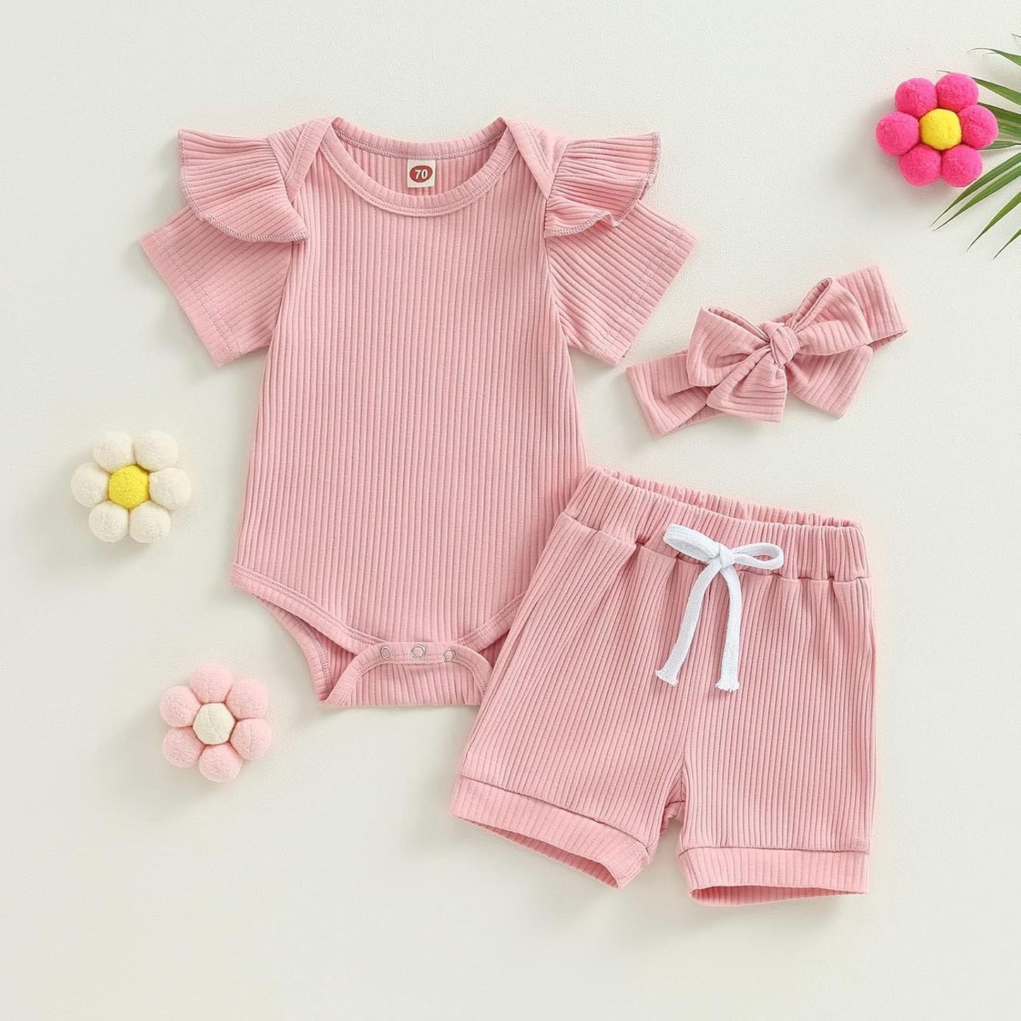 Newborn Girls Summer Outfits 3PCS Set - Ribbed Knit Romper + Shorts + Headband | Baby Girl Clothes Infant Bodysuit Set