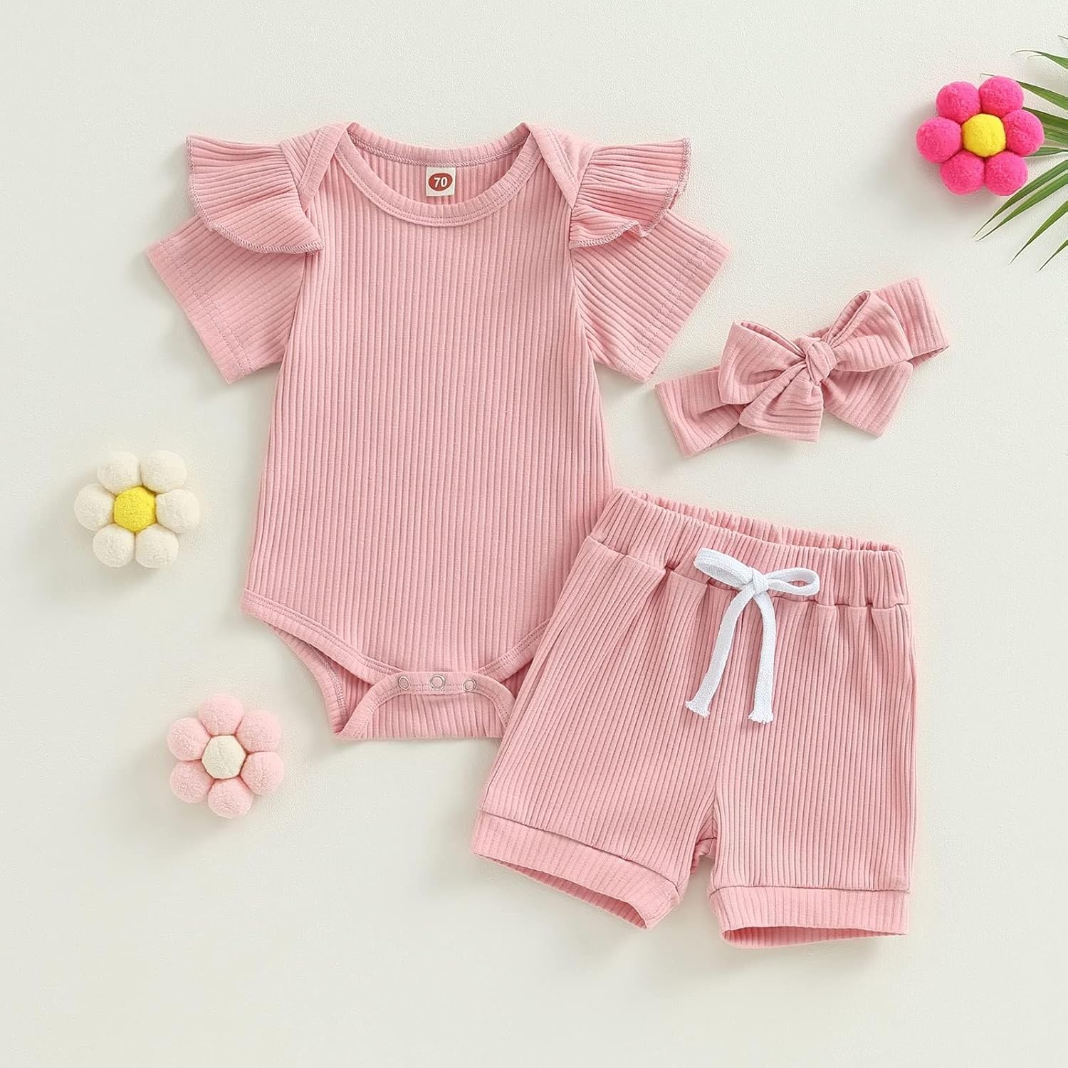 Newborn Girls Summer Outfits 3PCS Set - Ribbed Knit Romper + Shorts + Headband | Baby Girl Clothes Infant Bodysuit Set