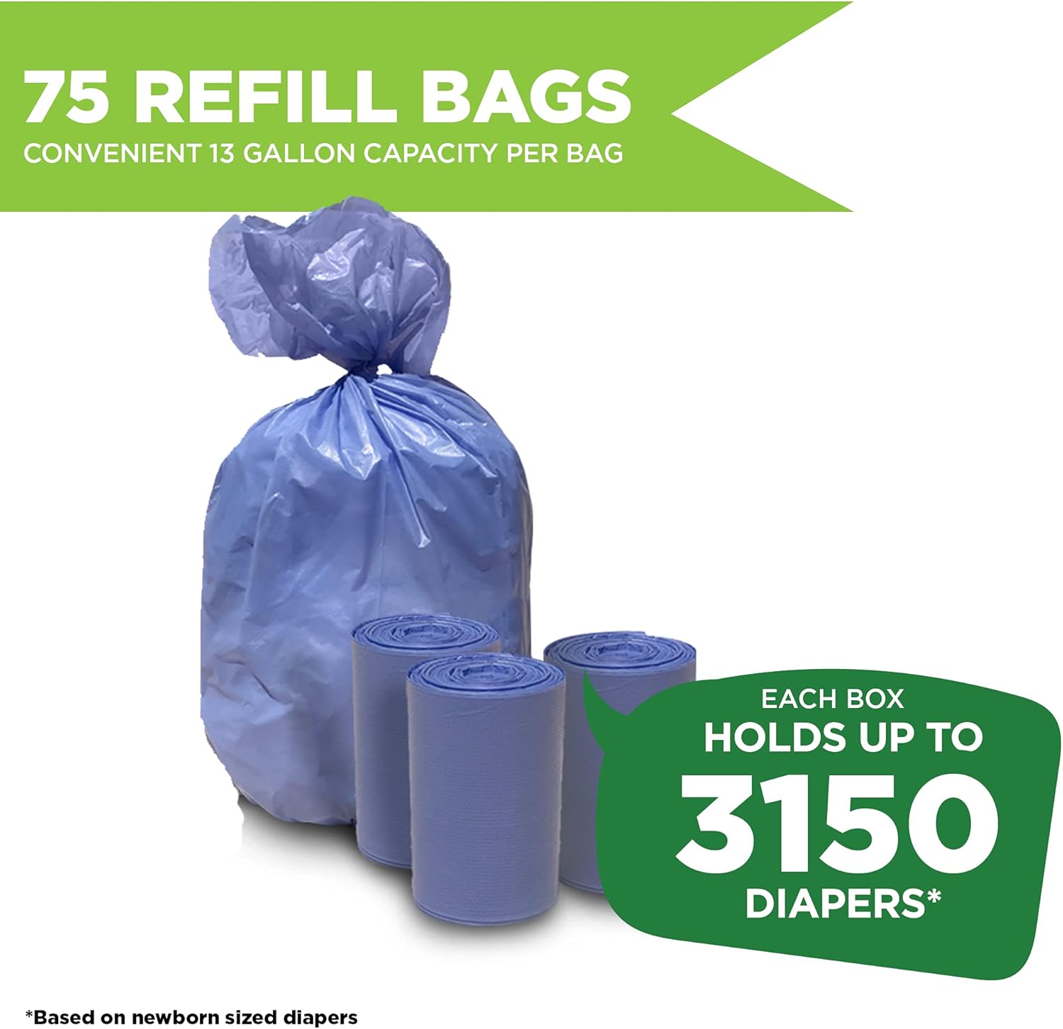 Disposable Diaper Pail Refills Compatible with Ubbi Diaper Pail | Diaper Pail Refill Bags Made with Recycled Material | Fresh Powder Scent for Odor Control | Disposable Diaper Trash Bags (75 Count)