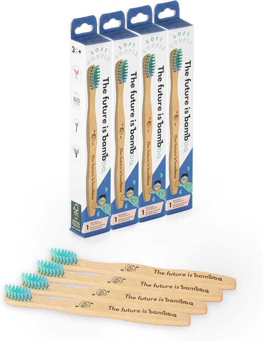 Superhero Bamboo Toothbrush Pack for Kids, Kids Toothbrush for Clean Teeth, Sustainable Products for Good Oral Hygiene, Health Canada Compliant, Pack of 4 Natural Toothbrushes for Kids -