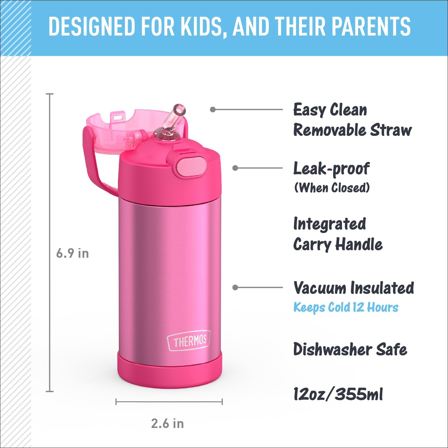 FUNTAINER 12 Ounce Stainless Steel Vacuum Insulated Kids Straw Bottle, Pink