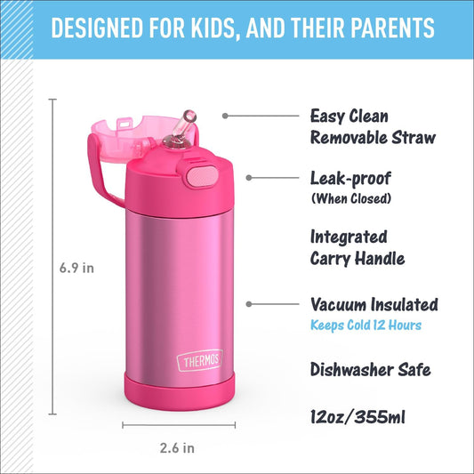 FUNTAINER 12 Ounce Stainless Steel Vacuum Insulated Kids Straw Bottle, Pink