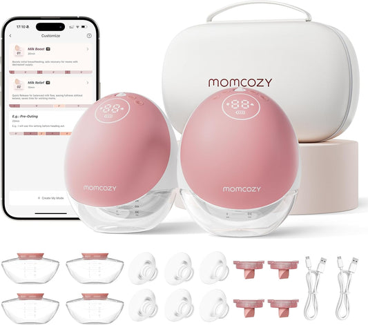Breast Pump Hands Free Upgraded Mobile Flow | M9, App Discreet Control with Personalized Multi-Modes & 15 Levels, Wearable Breast Pump 24Mm (Cozy Red, 2 Count)