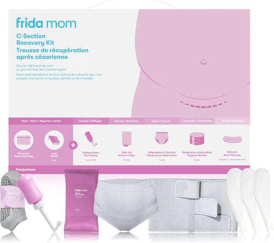 Frida Mom C-Section Recovery Must Have Kit for Labor, Delivery, & Postpartum, Socks, Peri Bottle, Disposable Underwear, Abdominal Support Binder, Shower Wipes, Silicone Scar Patches, & Toiletry Bag