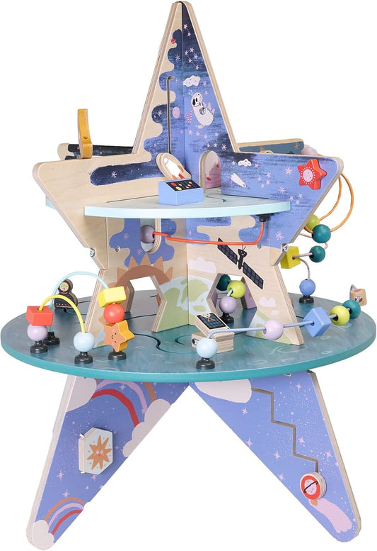 Double-Decker Celestial Star Explorer Wooden Activity Center with Shape Gliders, Spinners, Bead Runs & Alluring Artwork
