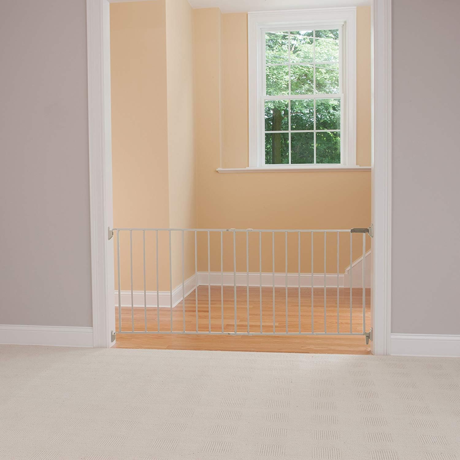 Wide and Sturdy Gate Fits 40-60" Wide, and 26.5" Tall, Hardware Mounted Metal Swing Gate, Perfect for Babies and Pets, White