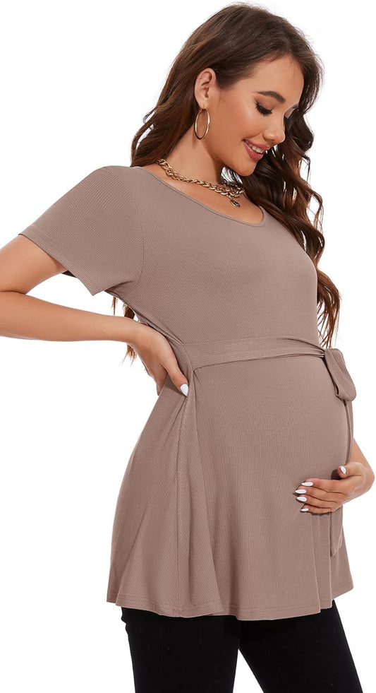Women'S Short Sleeve Maternity Shirts Tie Front Pregnancy Clothes Tops