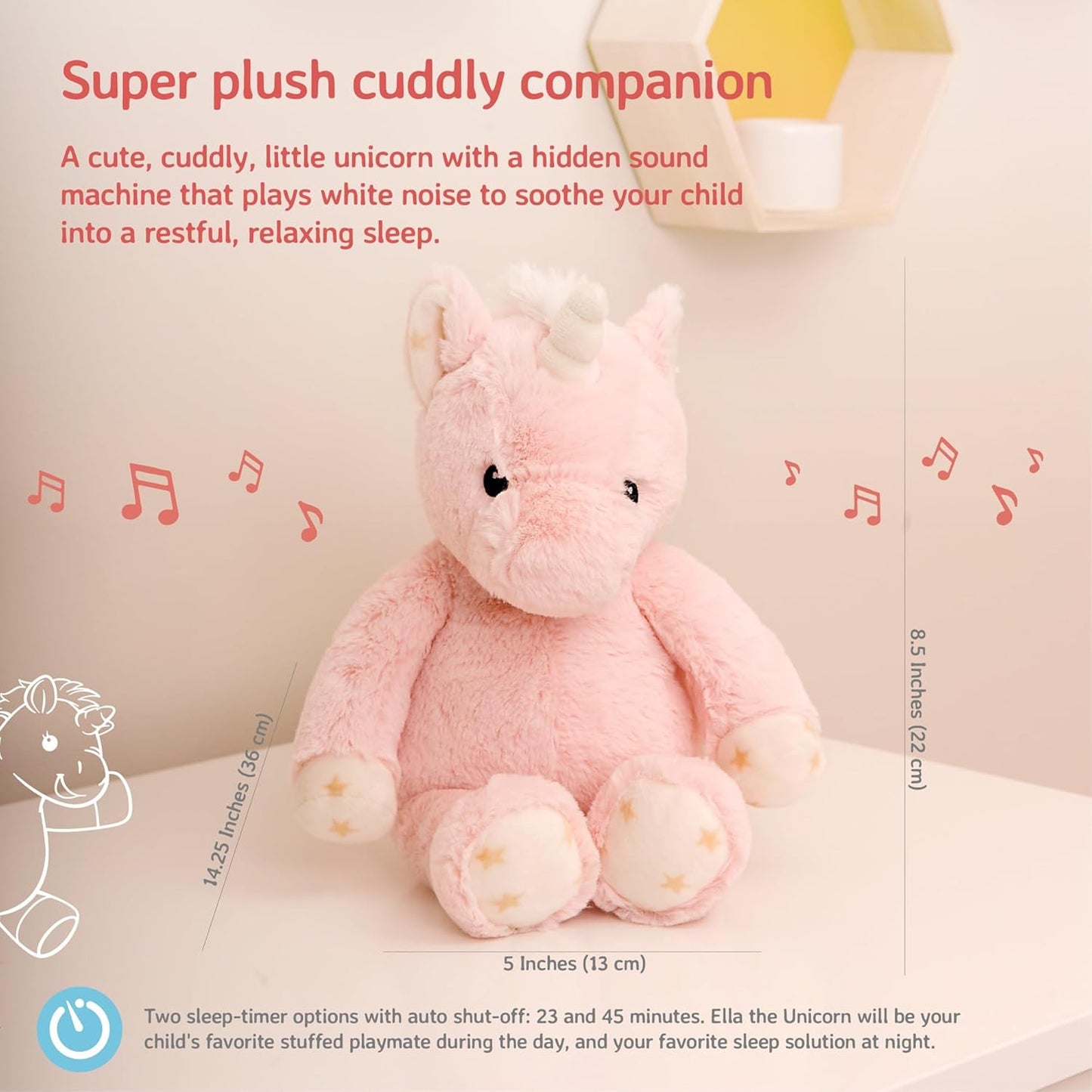Sound Machine with White Noise Soothing Sounds | Cuddly Stuffed Animal | Adjustable Settings and Auto-Shutoff | Ella the Unicorn