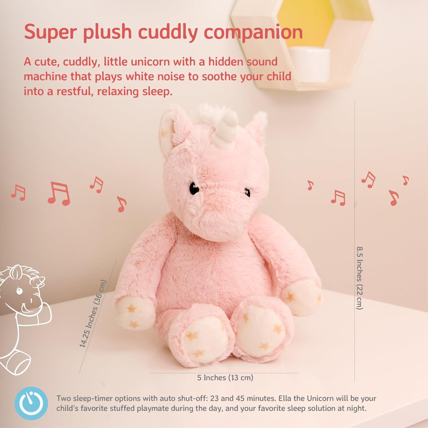 Sound Machine with White Noise Soothing Sounds | Cuddly Stuffed Animal | Adjustable Settings and Auto-Shutoff | Ella the Unicorn
